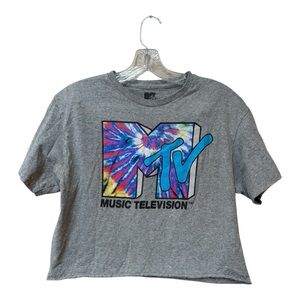 MTV Tie Dye Logo Graphic Tee Music Television Gray Crop Shirt Medium